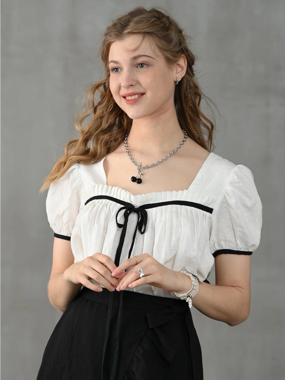 Square Neck Puff Sleeve Blouse with Black Trim